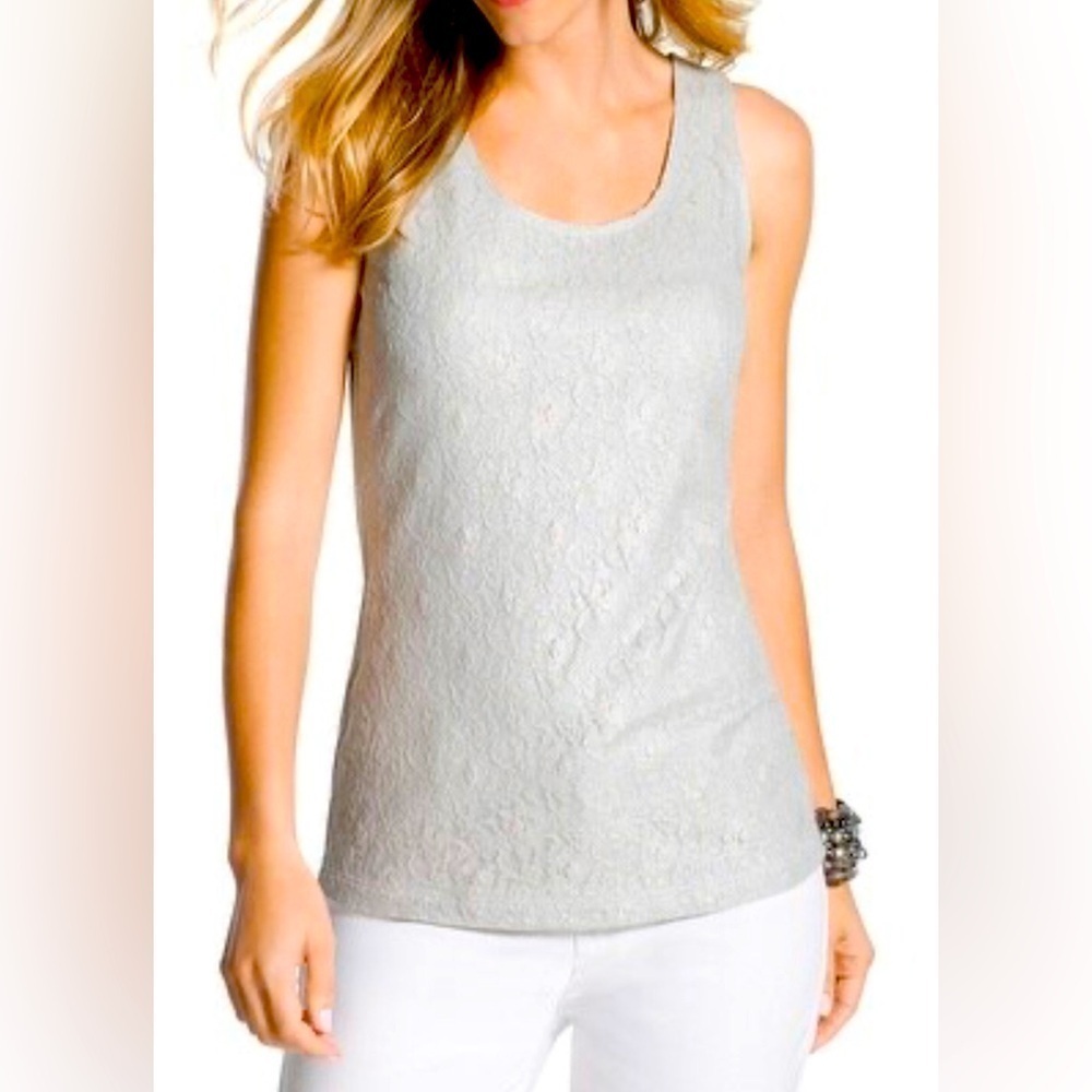 NWT Chicos Tank Top Size 1 Small Silver Foil Lace Contemporary Basic Knit